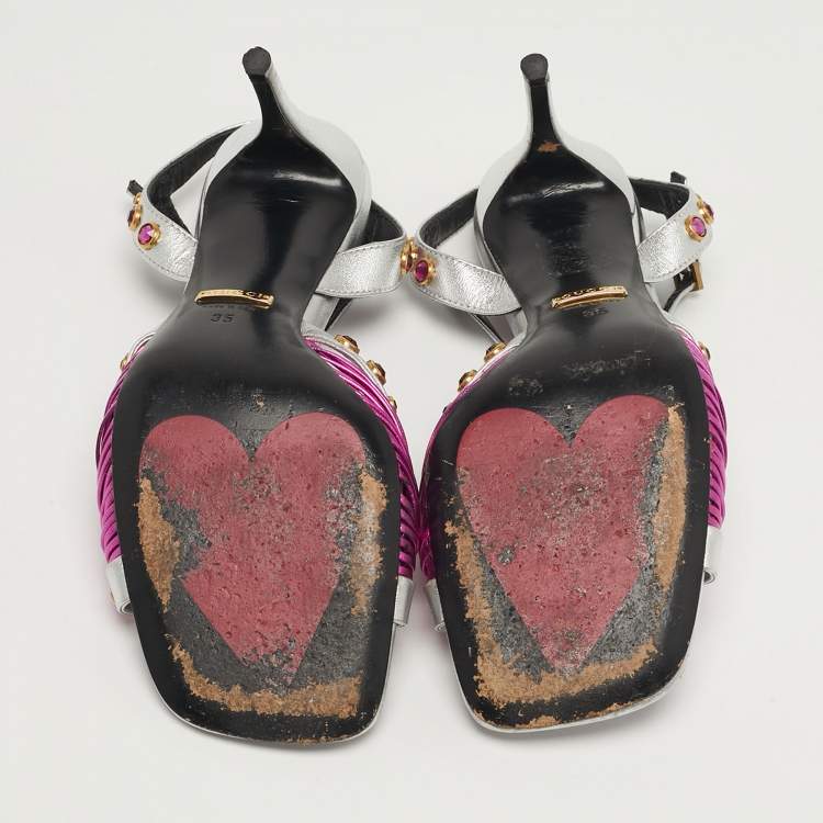 مملوكة مسبقًا Gucci Size 35 Metallic Silver/Pink Leather Knot Ankle Strap Sandals