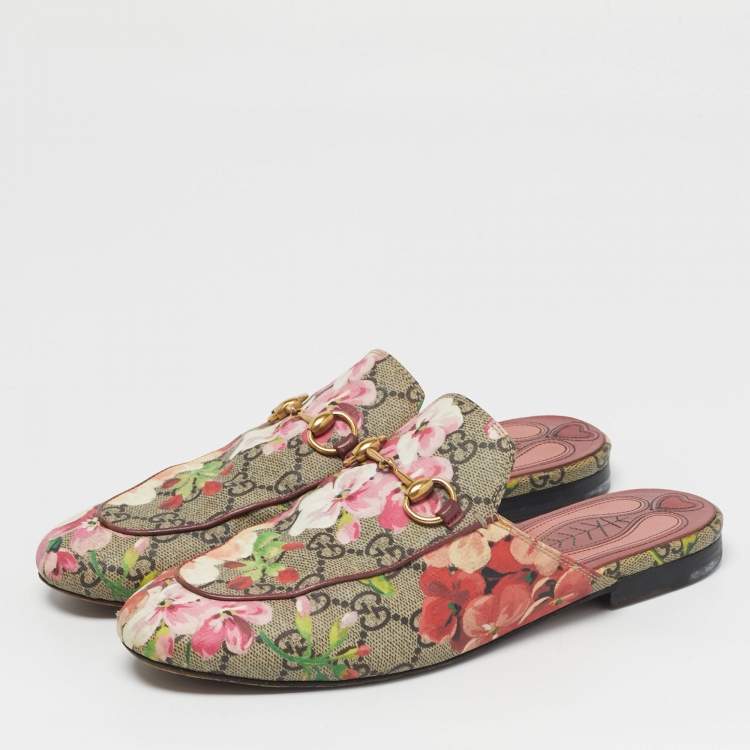 Pre Owned Gucci Size 37 Multicolor Blooms Printed GG Canvas Princetown Mules