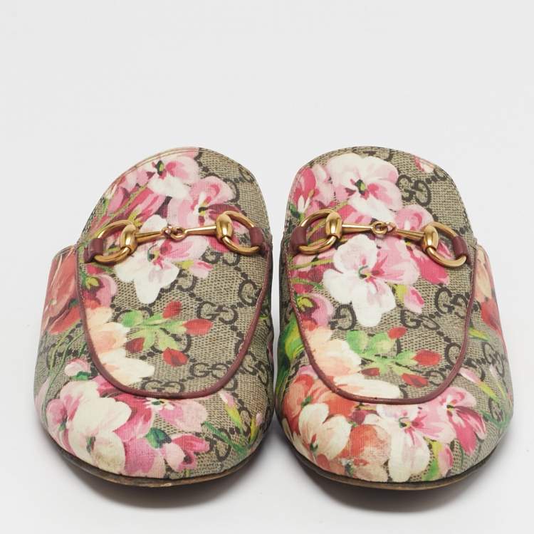 Pre Owned Gucci Size 37 Multicolor Blooms Printed GG Canvas Princetown Mules