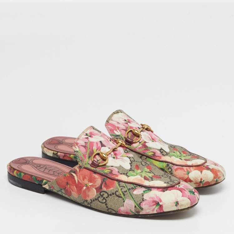 Pre Owned Gucci Size 37 Multicolor Blooms Printed GG Canvas Princetown Mules