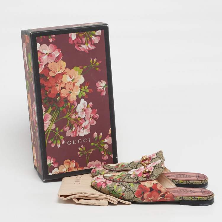 Pre Owned Gucci Size 37 Multicolor Blooms Printed GG Canvas Princetown Mules