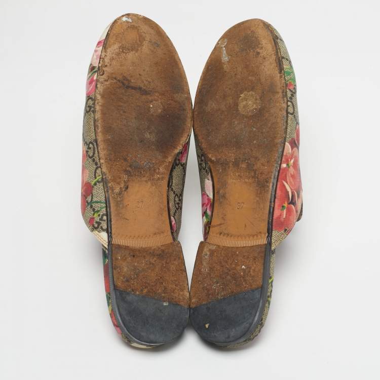 Pre Owned Gucci Size 37 Multicolor Blooms Printed GG Canvas Princetown Mules