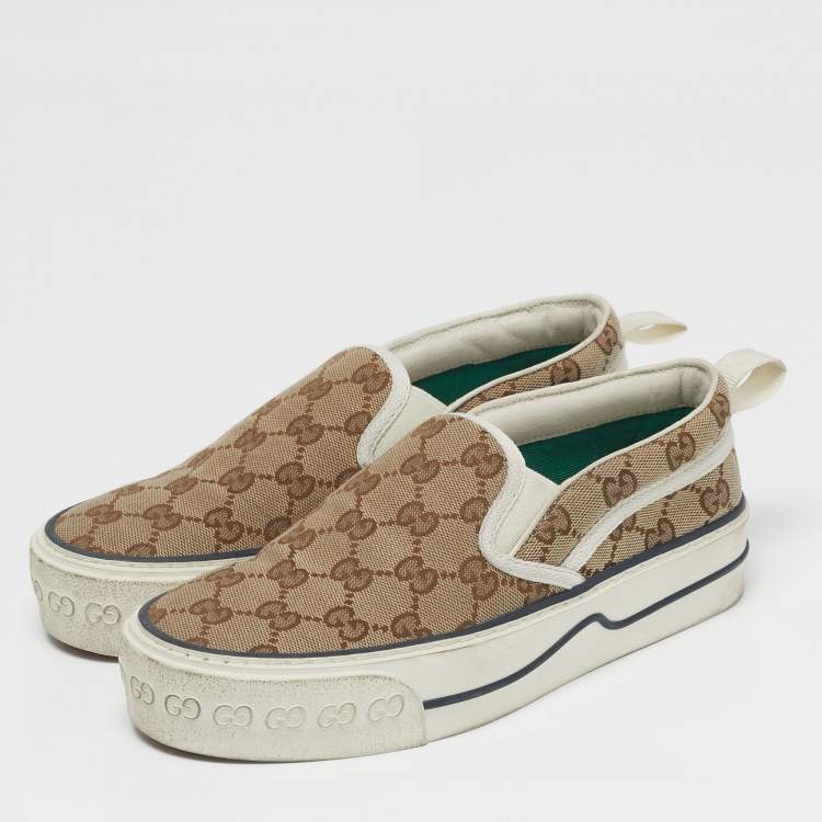 Pre Owned Gucci Tennis 1977 Size 36.5 Beige/Brown GG Canvas Slip On Sneakers