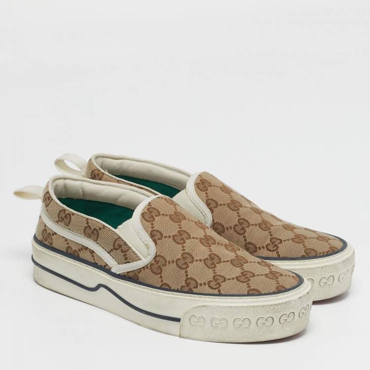 Pre Owned Gucci Tennis 1977 Size 36.5 Beige/Brown GG Canvas Slip On Sneakers