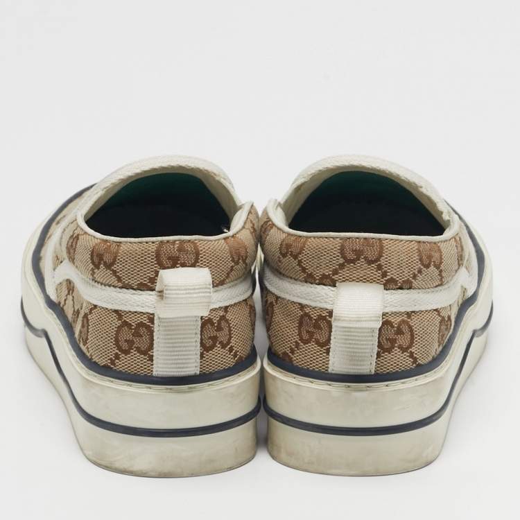 Pre Owned Gucci Tennis 1977 Size 36.5 Beige/Brown GG Canvas Slip On Sneakers