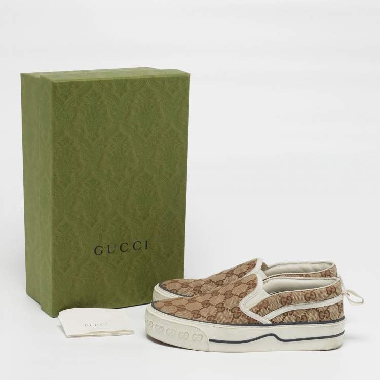 Pre Owned Gucci Tennis 1977 Size 36.5 Beige/Brown GG Canvas Slip On Sneakers