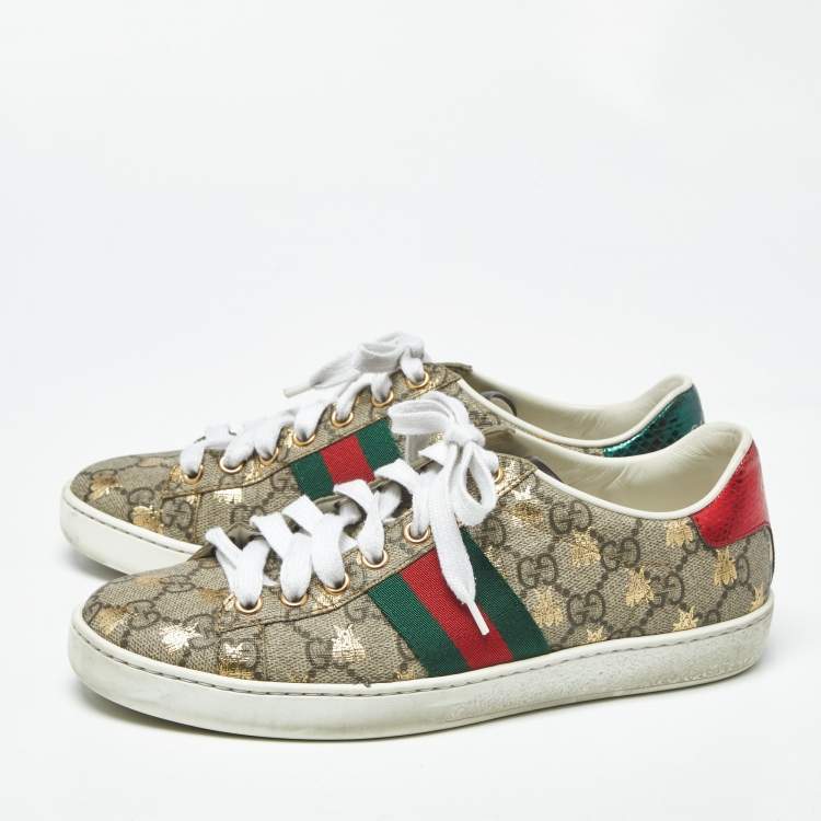 Pre Owned Gucci Ace Size 36 Beige Coated Canvas and Python Embossed Leather Lace Up Sneakers