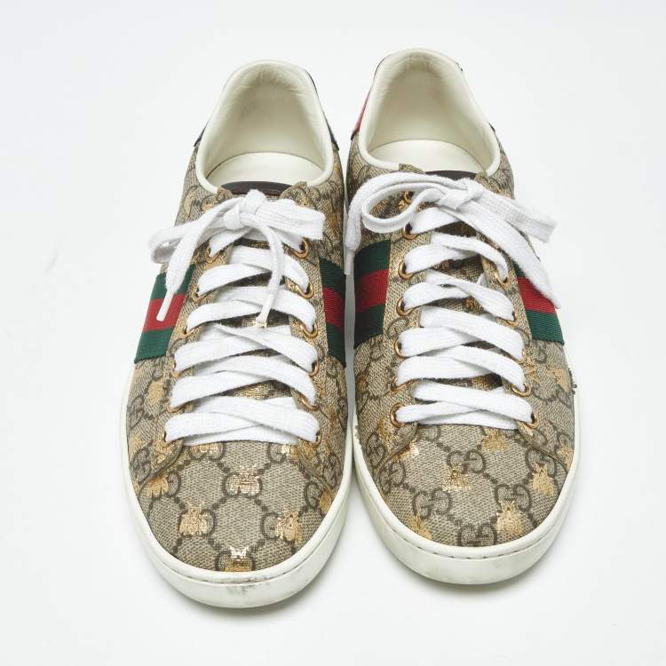 Pre Owned Gucci Ace Size 36 Beige Coated Canvas and Python Embossed Leather Lace Up Sneakers