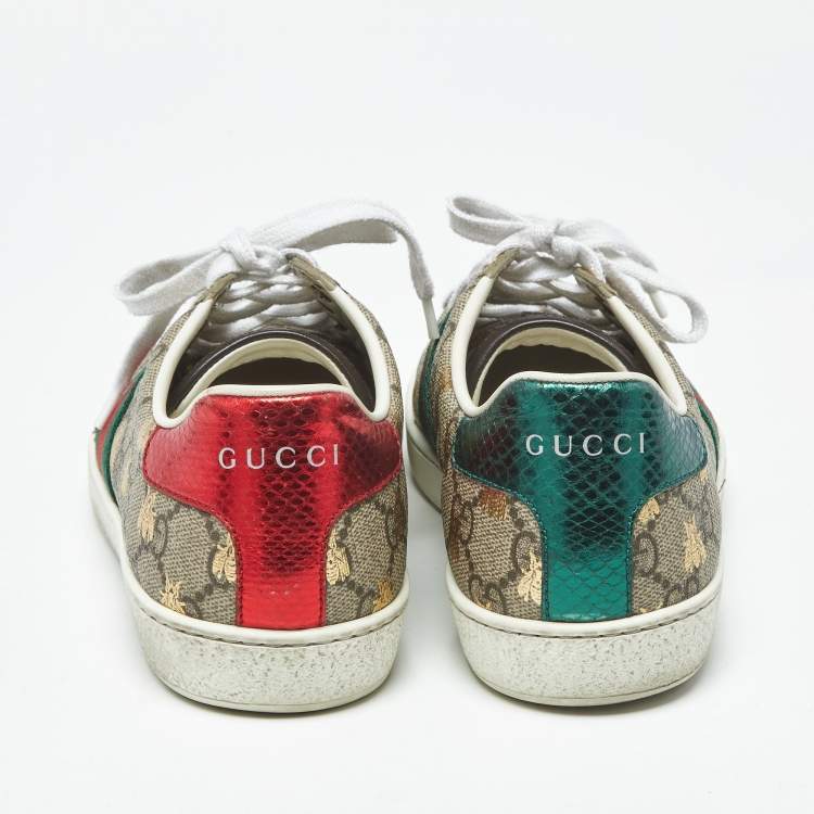 Pre Owned Gucci Ace Size 36 Beige Coated Canvas and Python Embossed Leather Lace Up Sneakers