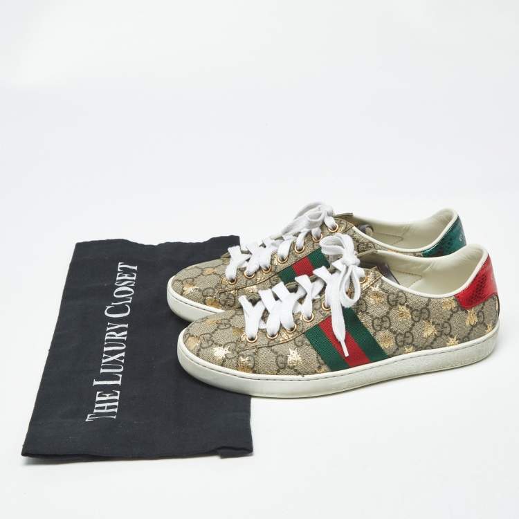 Pre Owned Gucci Ace Size 36 Beige Coated Canvas and Python Embossed Leather Lace Up Sneakers