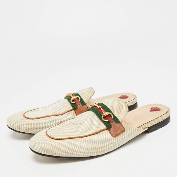 Pre Owned Gucci Princetown Size 41 Cream Canvas Web Horsebit Flat Mules