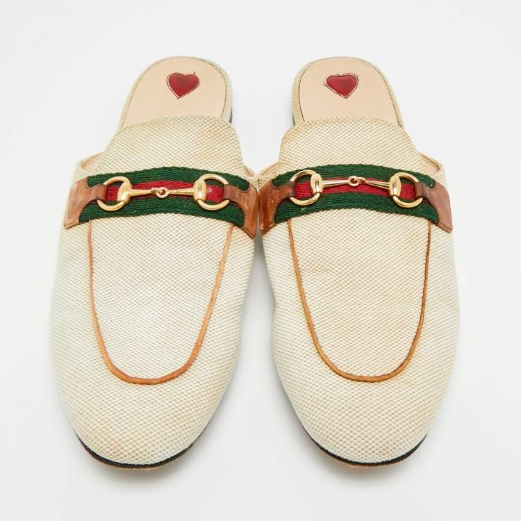 Pre Owned Gucci Princetown Size 41 Cream Canvas Web Horsebit Flat Mules