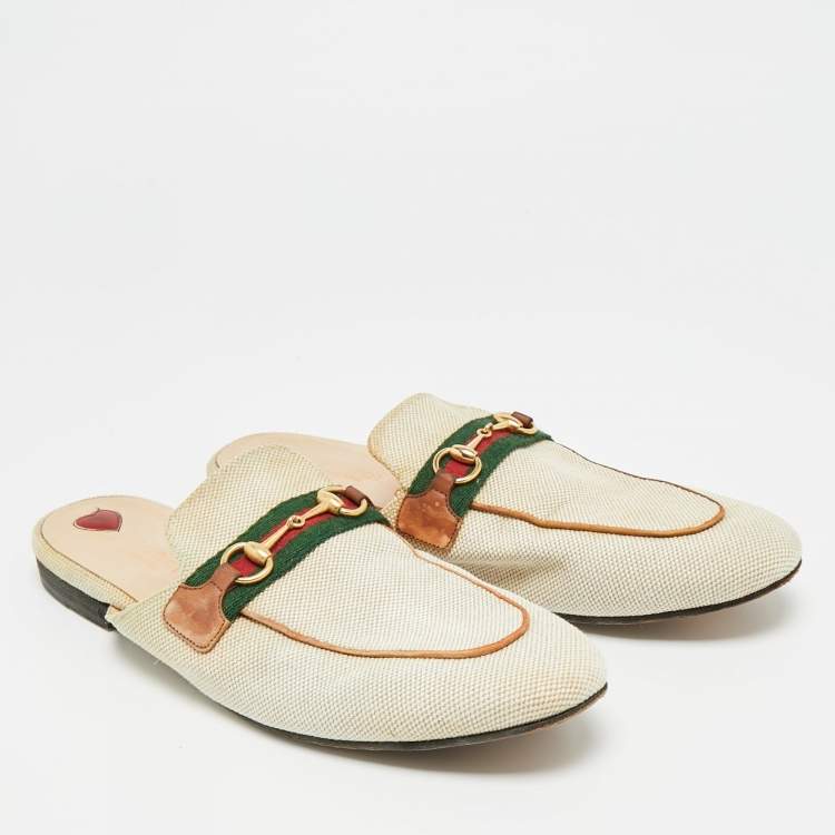 Pre Owned Gucci Princetown Size 41 Cream Canvas Web Horsebit Flat Mules