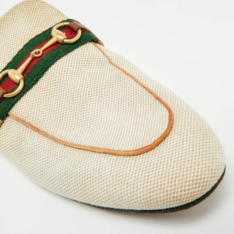 Pre Owned Gucci Princetown Size 41 Cream Canvas Web Horsebit Flat Mules