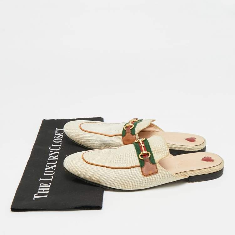 Pre Owned Gucci Princetown Size 41 Cream Canvas Web Horsebit Flat Mules