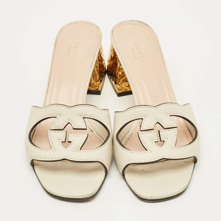Pre Owned Gucci Interlocking GG Size 39 Cream Leather Slide Sandals