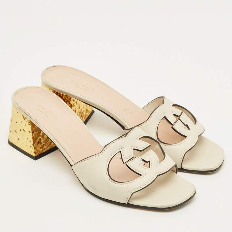 Pre Owned Gucci Interlocking GG Size 39 Cream Leather Slide Sandals