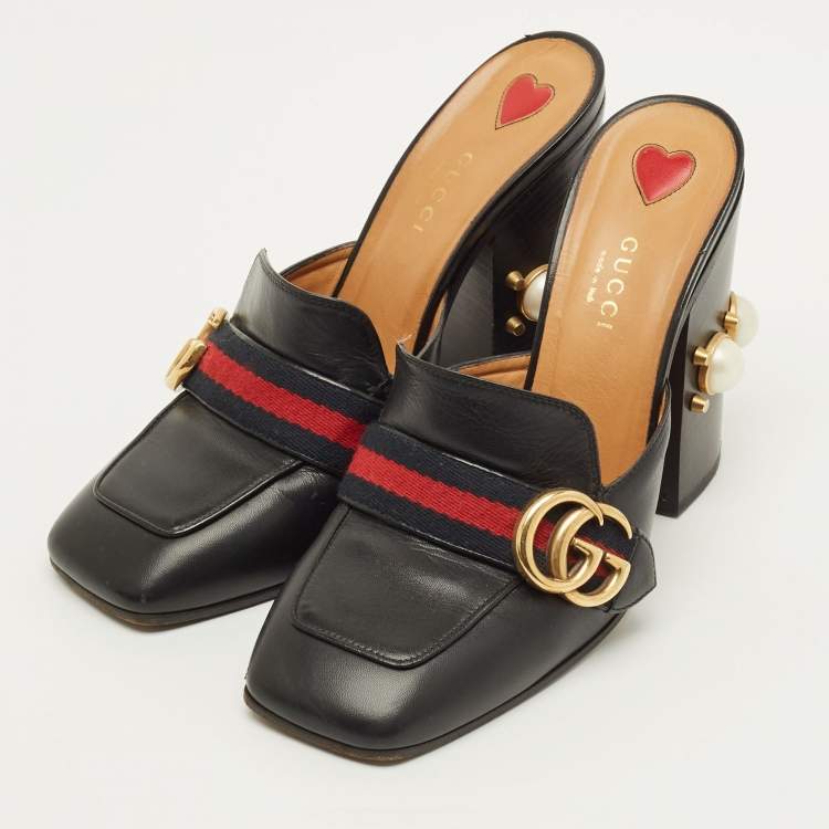 Pre Owned Gucci GG Web Size 38 Black Leather Mules