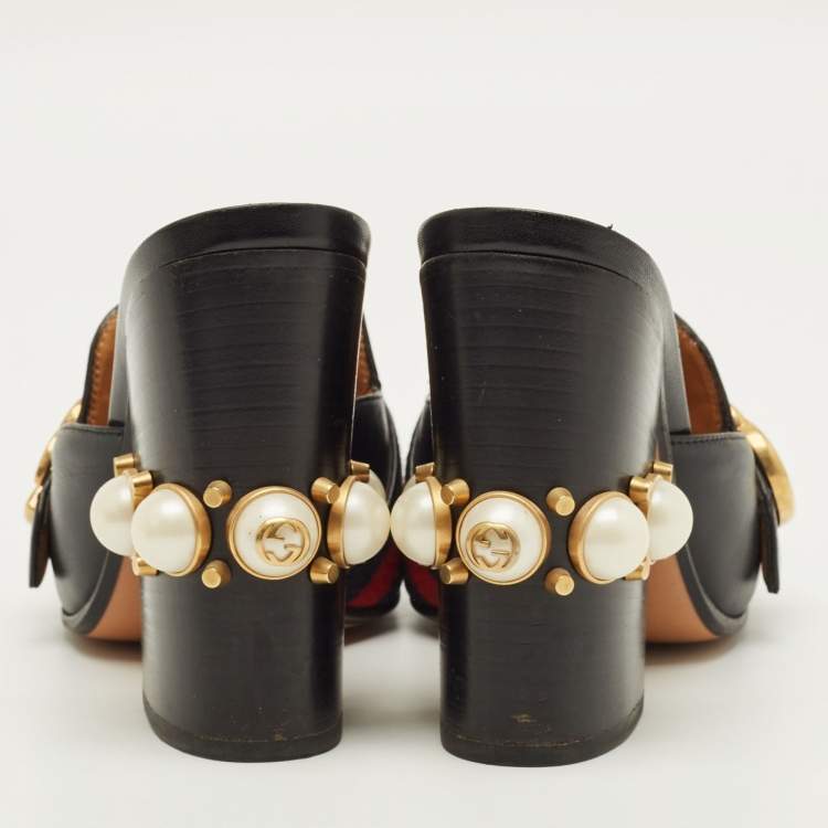 Pre Owned Gucci GG Web Size 38 Black Leather Mules