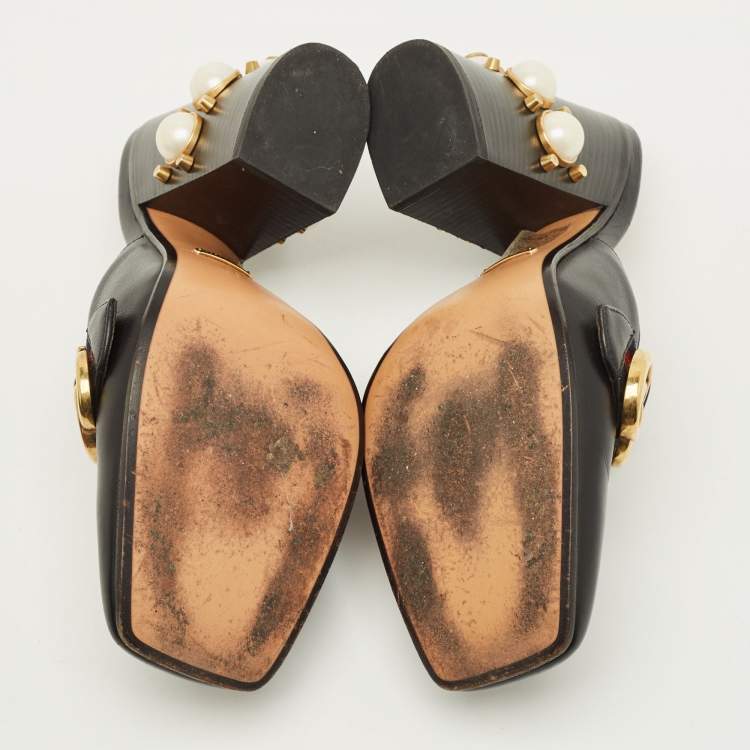 Pre Owned Gucci GG Web Size 38 Black Leather Mules