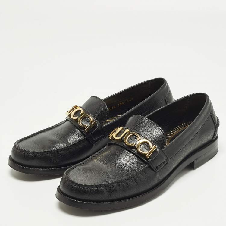 Pre Owned Gucci Cara Size 39.5 Black Leather Logo Embellished Loafers
