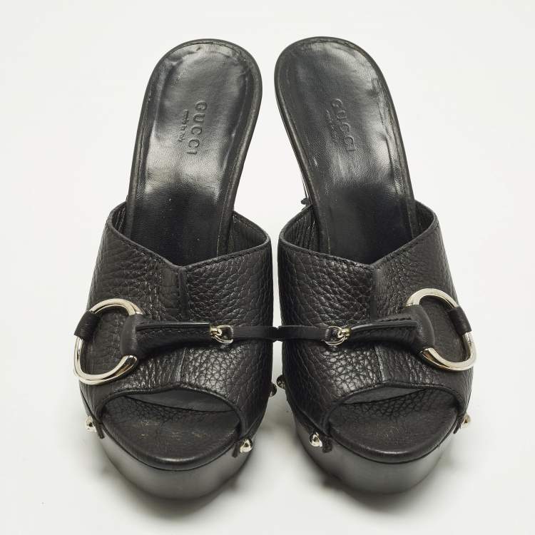 Pre Owned Gucci Icon Bit Size 37 Black Leather Platform Clogs