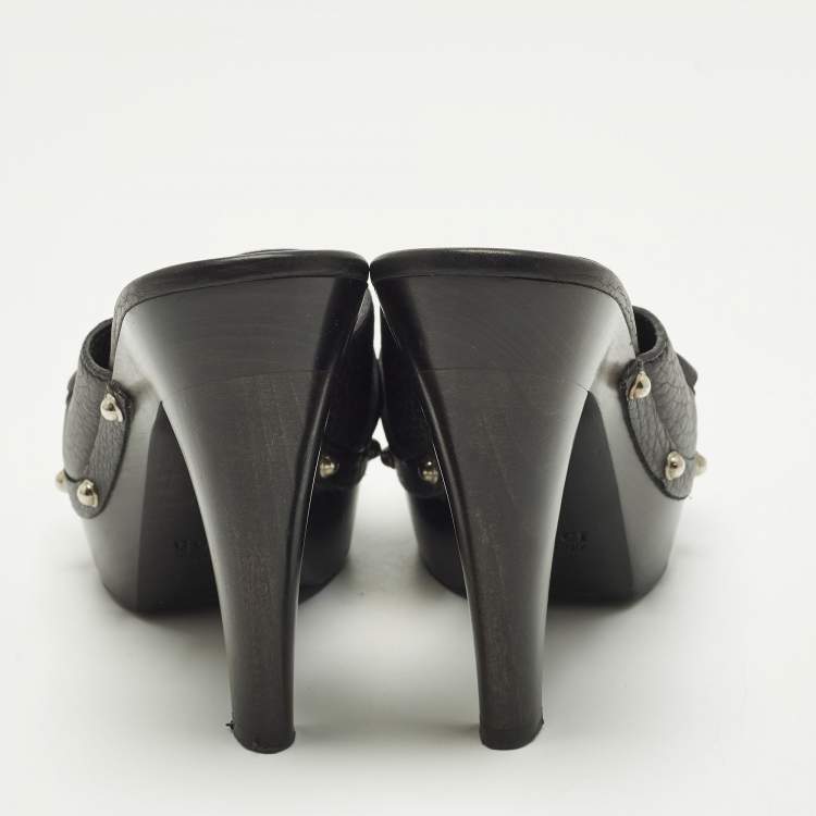 Pre Owned Gucci Icon Bit Size 37 Black Leather Platform Clogs