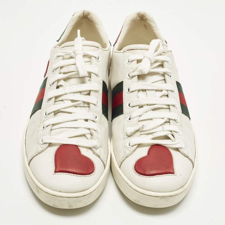Pre Owned Gucci Ace Size 40 White/Red Leather Heart Low Top Sneakers