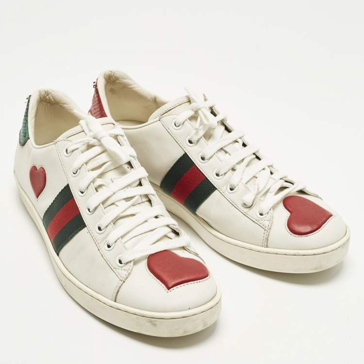 Pre Owned Gucci Ace Size 40 White/Red Leather Heart Low Top Sneakers