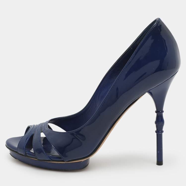 Pre Owned Gucci Bamboo Size 37 Blue Patent Leather Peep Toe Pumps