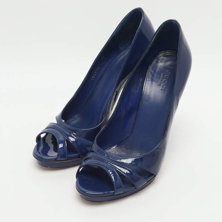 Pre Owned Gucci Bamboo Size 37 Blue Patent Leather Peep Toe Pumps