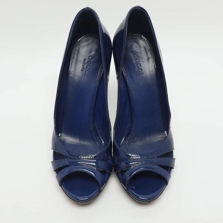 Pre Owned Gucci Bamboo Size 37 Blue Patent Leather Peep Toe Pumps