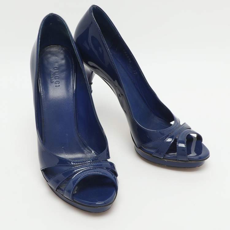 Pre Owned Gucci Bamboo Size 37 Blue Patent Leather Peep Toe Pumps