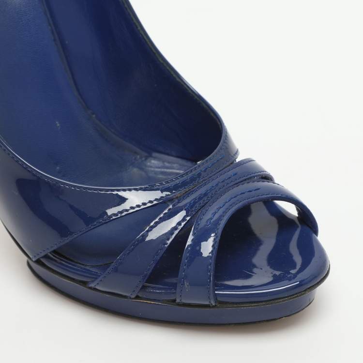 Pre Owned Gucci Bamboo Size 37 Blue Patent Leather Peep Toe Pumps