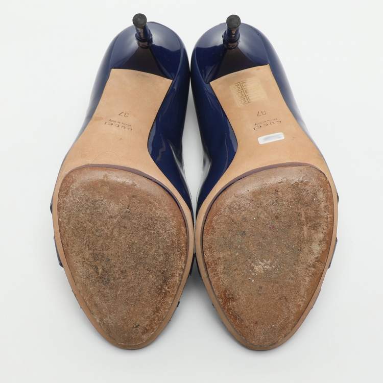 Pre Owned Gucci Bamboo Size 37 Blue Patent Leather Peep Toe Pumps