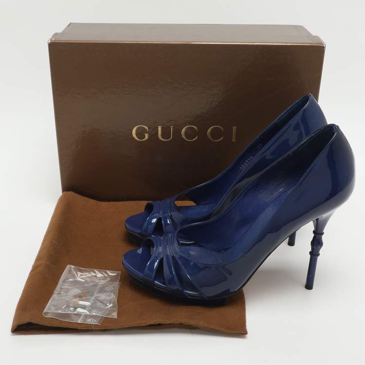 Pre Owned Gucci Bamboo Size 37 Blue Patent Leather Peep Toe Pumps