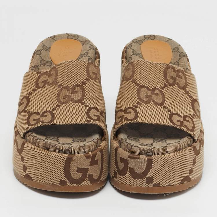 Pre Owned Gucci Size 39.5 Beige/Brown Jumbo GG Canvas Platform Slide Sandals