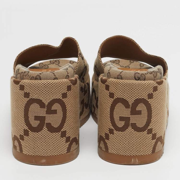 Pre Owned Gucci Size 39.5 Beige/Brown Jumbo GG Canvas Platform Slide Sandals