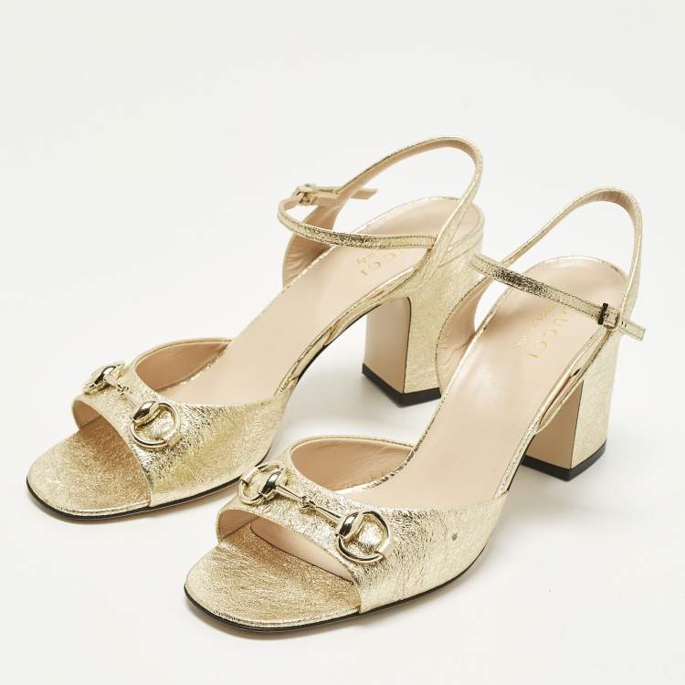مملوكة مسبقًا Gucci GG Marmont Size 39.5 Gold Foil Leather Ankle Strap Block Heel Sandals