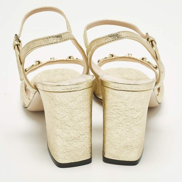 مملوكة مسبقًا Gucci GG Marmont Size 39.5 Gold Foil Leather Ankle Strap Block Heel Sandals