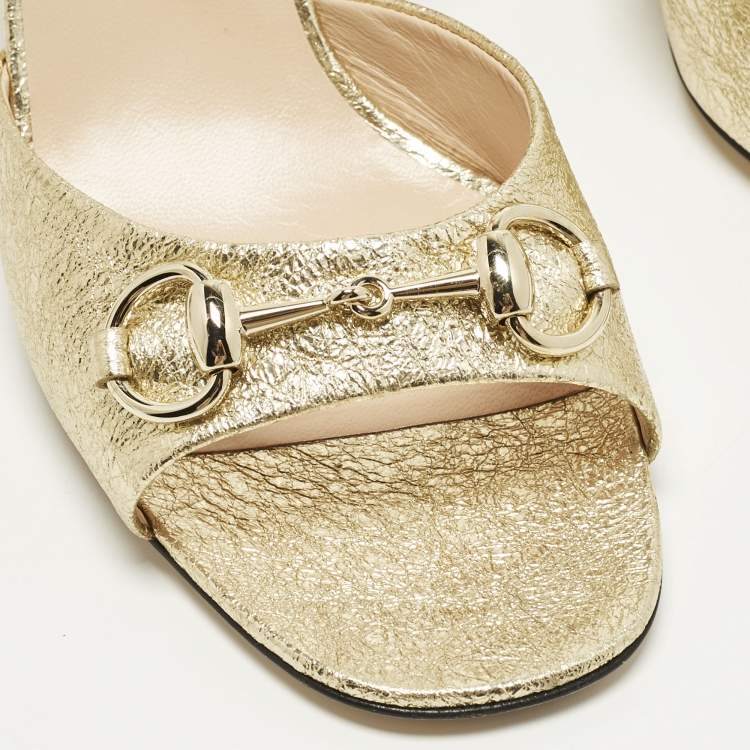 مملوكة مسبقًا Gucci GG Marmont Size 39.5 Gold Foil Leather Ankle Strap Block Heel Sandals