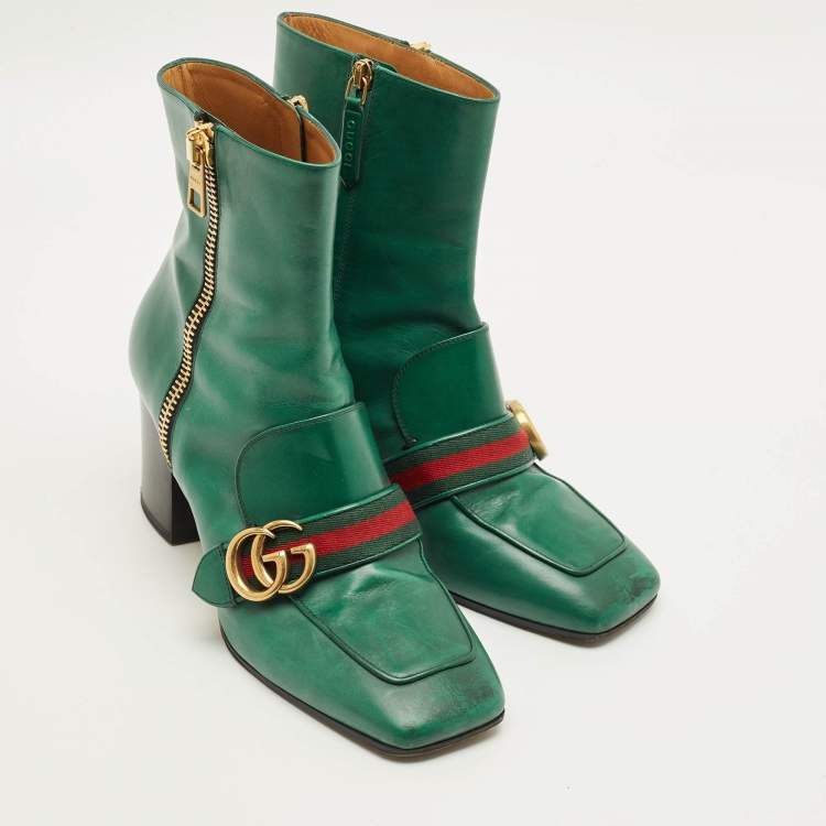 Pre Owned Gucci GG Size 39 Green Leather Web Ankle Length Boots