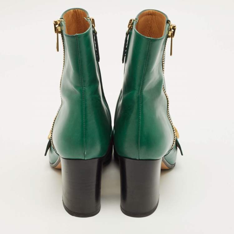 Pre Owned Gucci GG Size 39 Green Leather Web Ankle Length Boots