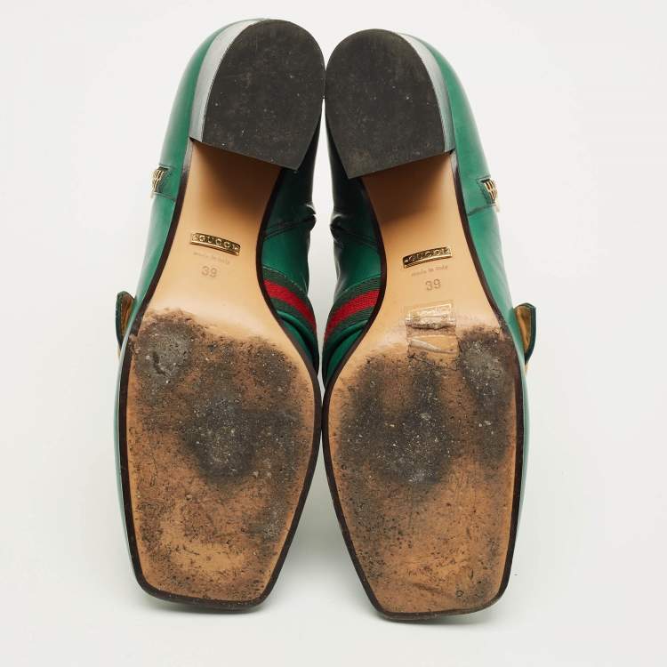 Pre Owned Gucci GG Size 39 Green Leather Web Ankle Length Boots
