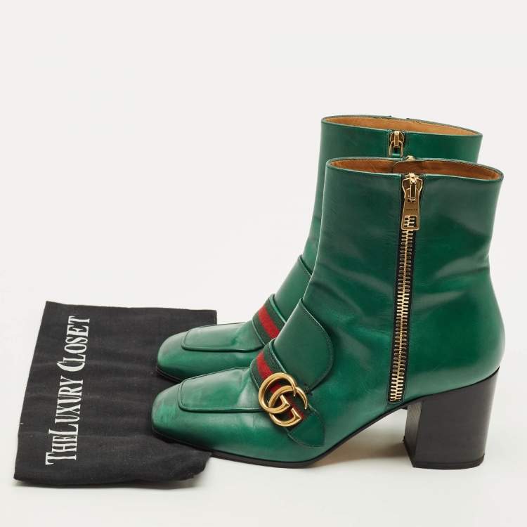 Pre Owned Gucci GG Size 39 Green Leather Web Ankle Length Boots
