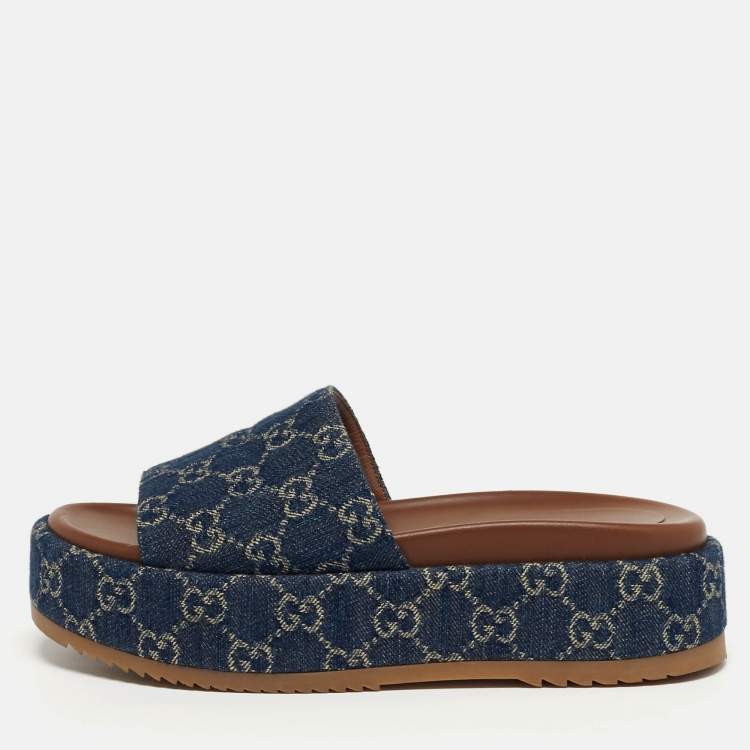 Pre Owned Gucci Size 38.5 Navy Blue GG Denim Platform Slide Sandals