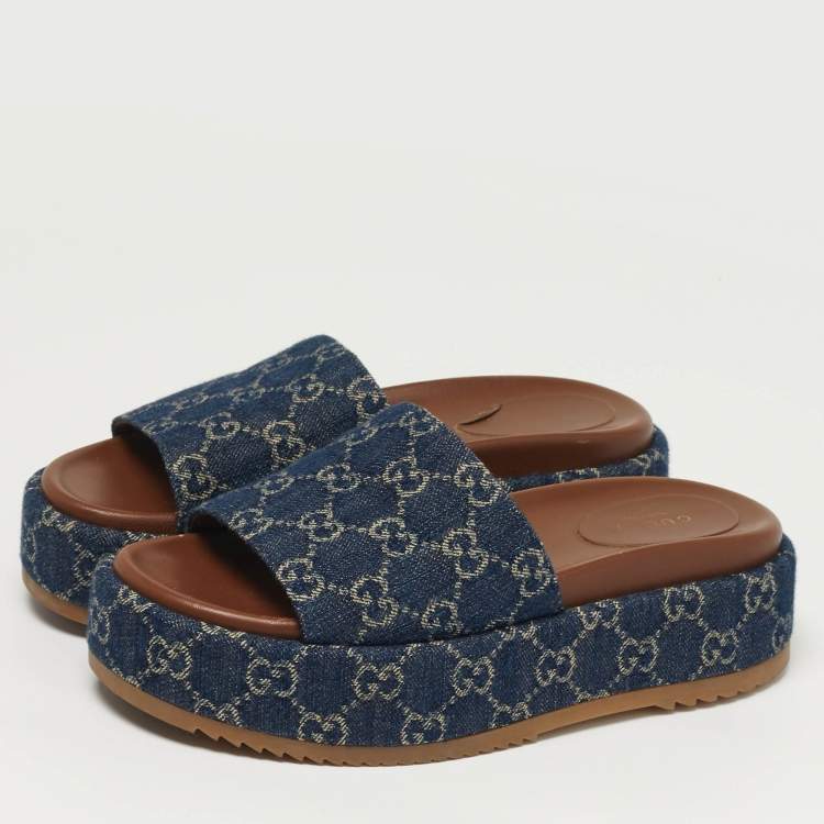 Pre Owned Gucci Size 38.5 Navy Blue GG Denim Platform Slide Sandals