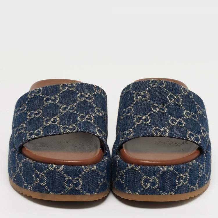 Pre Owned Gucci Size 38.5 Navy Blue GG Denim Platform Slide Sandals