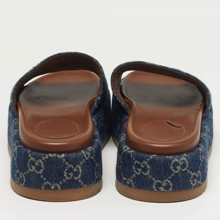 Pre Owned Gucci Size 38.5 Navy Blue GG Denim Platform Slide Sandals