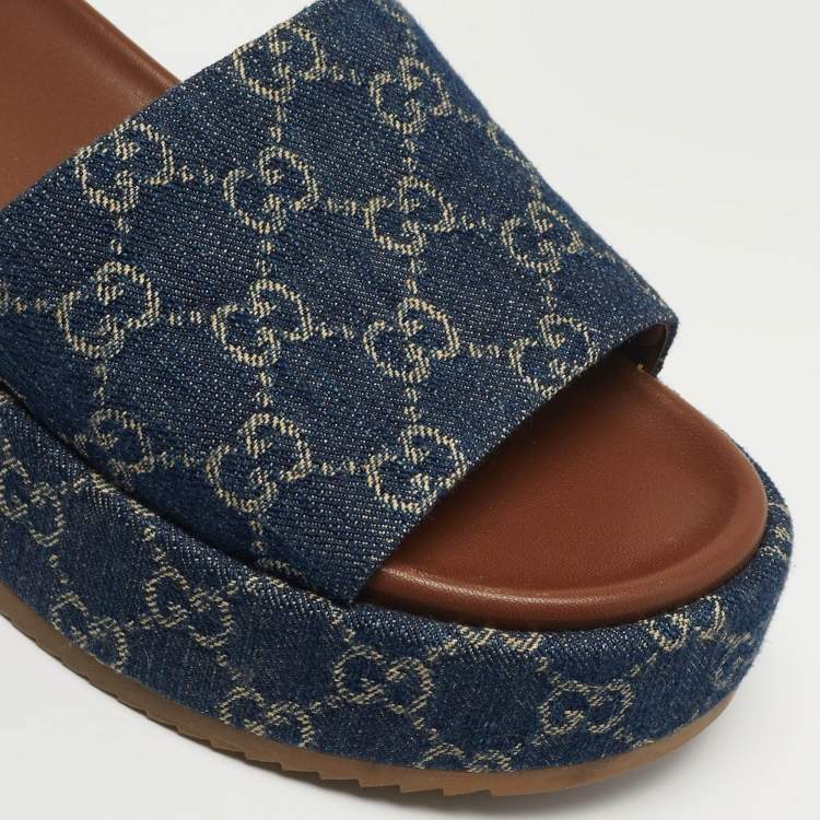 Pre Owned Gucci Size 38.5 Navy Blue GG Denim Platform Slide Sandals